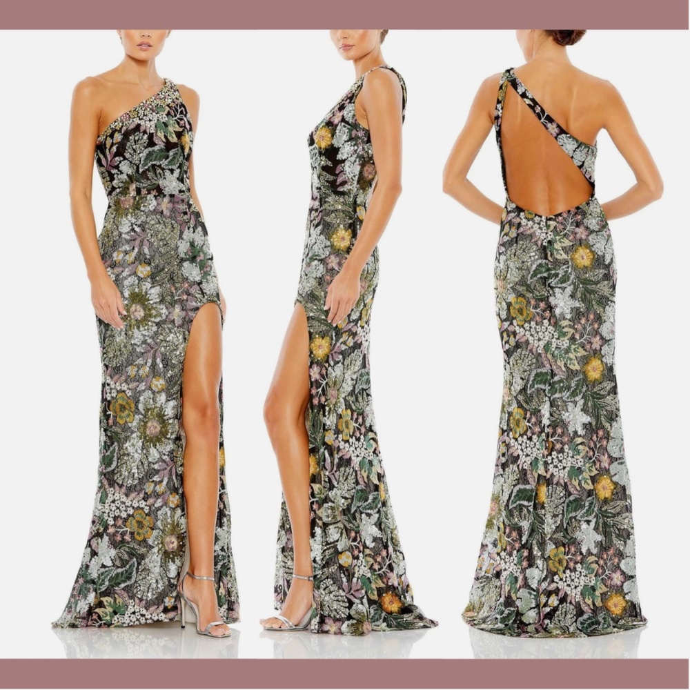 NWT $698 Mac Duggal‎ [ 10 ] Embellished Floral One Shoulder Gown Black #